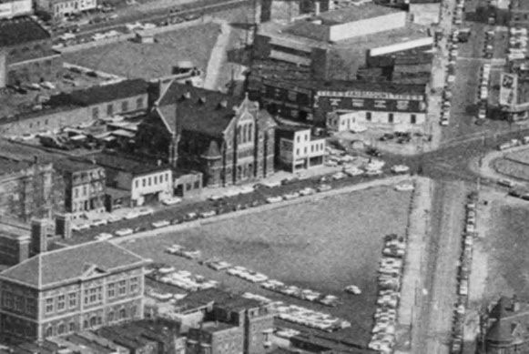 Aerial view of Asbury Methodist Church and surrounding blocks