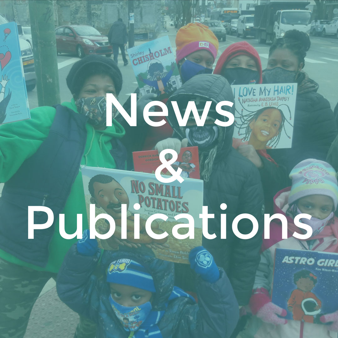 Photo of staff and children outdoors with the words News and Publications