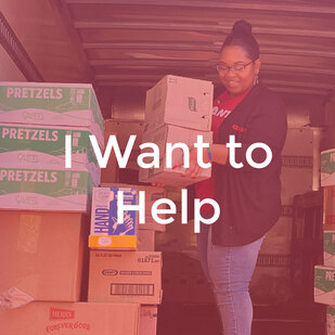 Photo of woman unloading boxes of food from a truck with the words I Want to Help